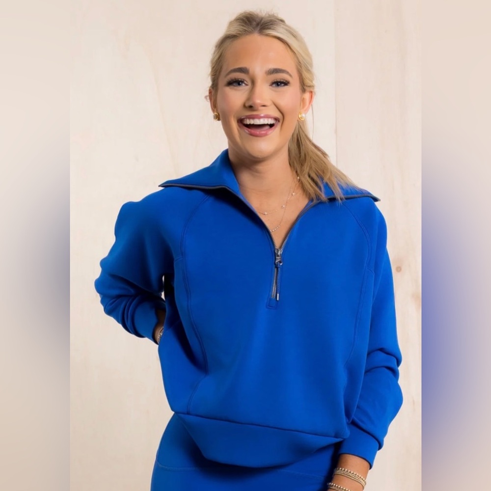 NWOT SPANX AirEssentials Cerulean Blue Quarter Zip Pullover, Size Medium - Picture 3 of 16